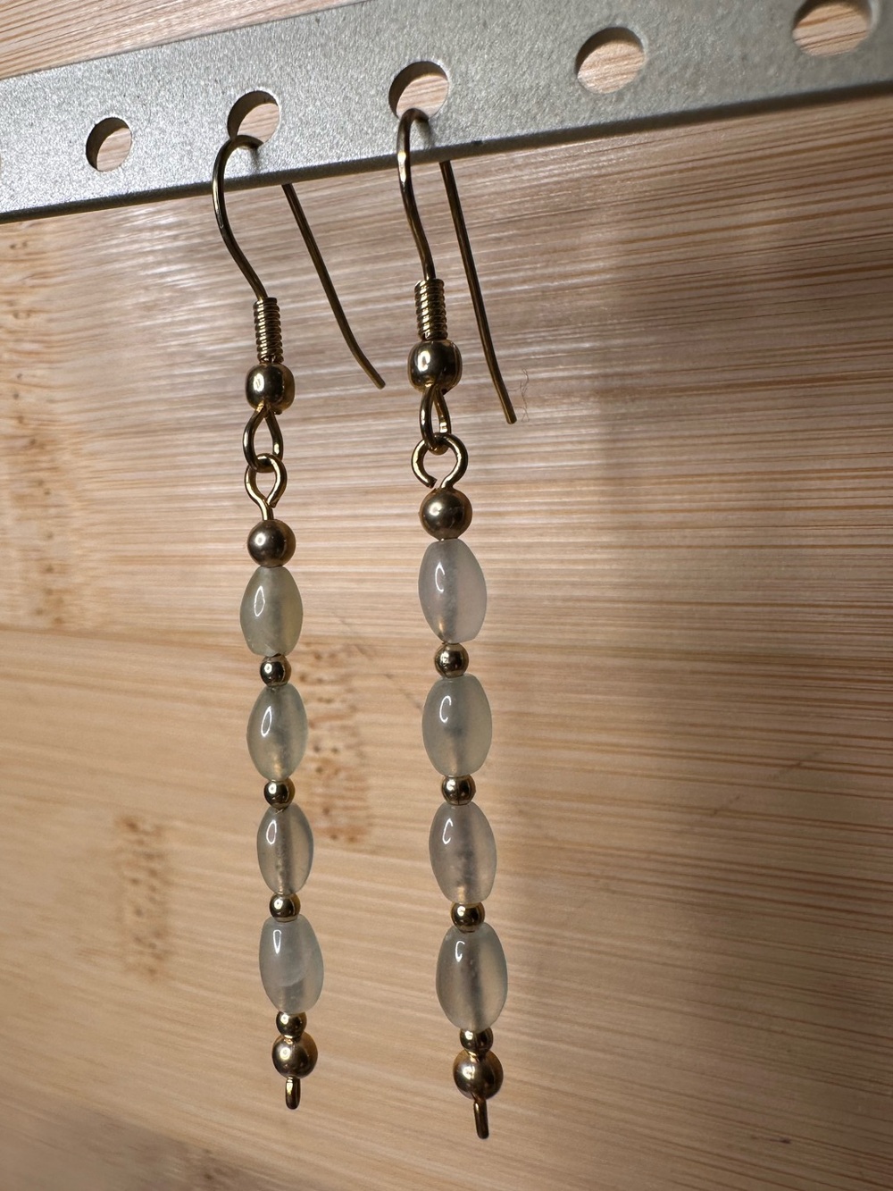 Green Jade Bead Drop Earrings Gold Tone beads Hand Made Design